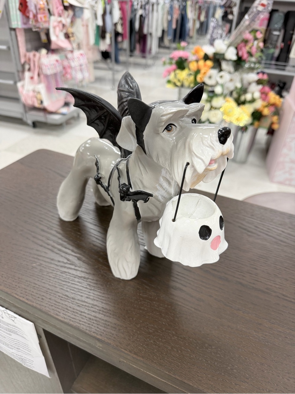 T.J.Maxx Gray Dog Halloween Figurine with Black Wings and White Ghost Bucket